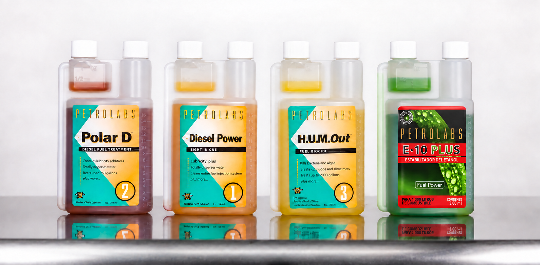 Envases de Polar D, Diesel Power, H.U.M. Out y E-10 Plus de Petrolabs